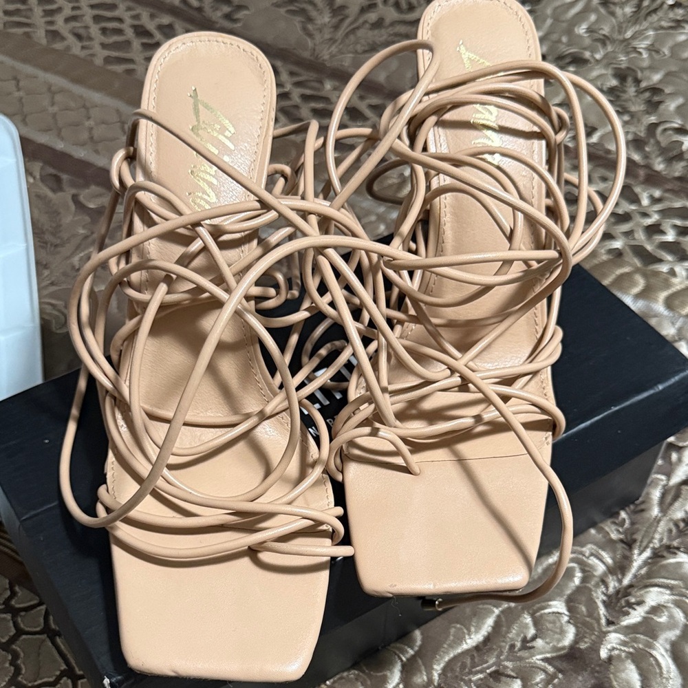 PrettyLittleThing Beige Lace-Up Square Toe Heels
